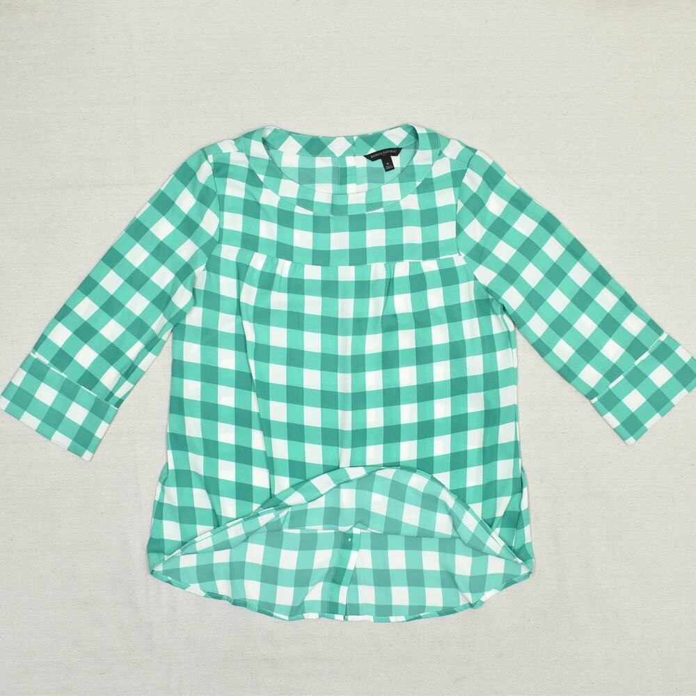 Banana Republic Women Blouse Top Polyester Green Plaid 3/4 Sleeve Crew Size M - Picture 2 of 8